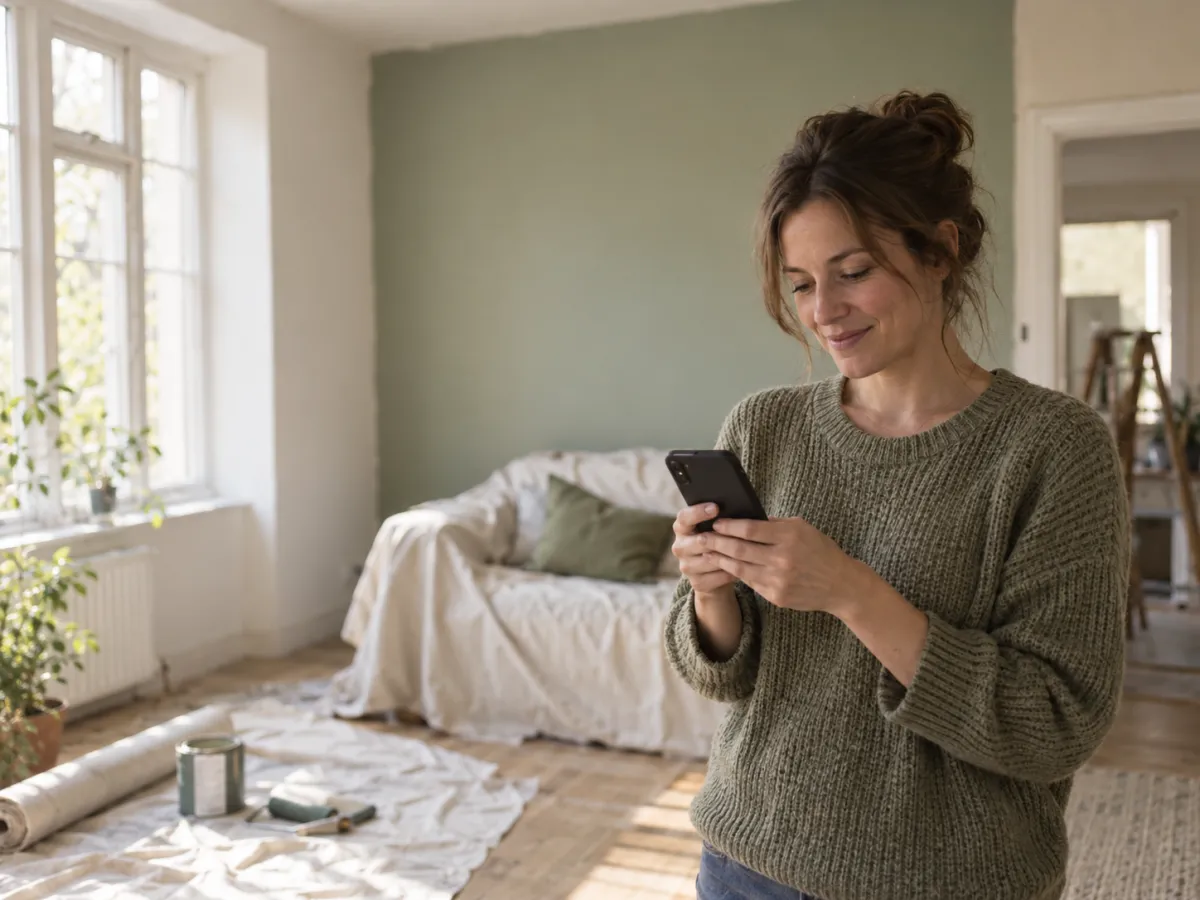 A homeowner in her living room under renovation, smiling at a message on her phone