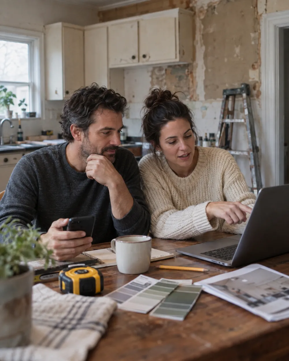 A couple planning their kitchen renovation at the table with a laptop, paint swatches and a tape measure