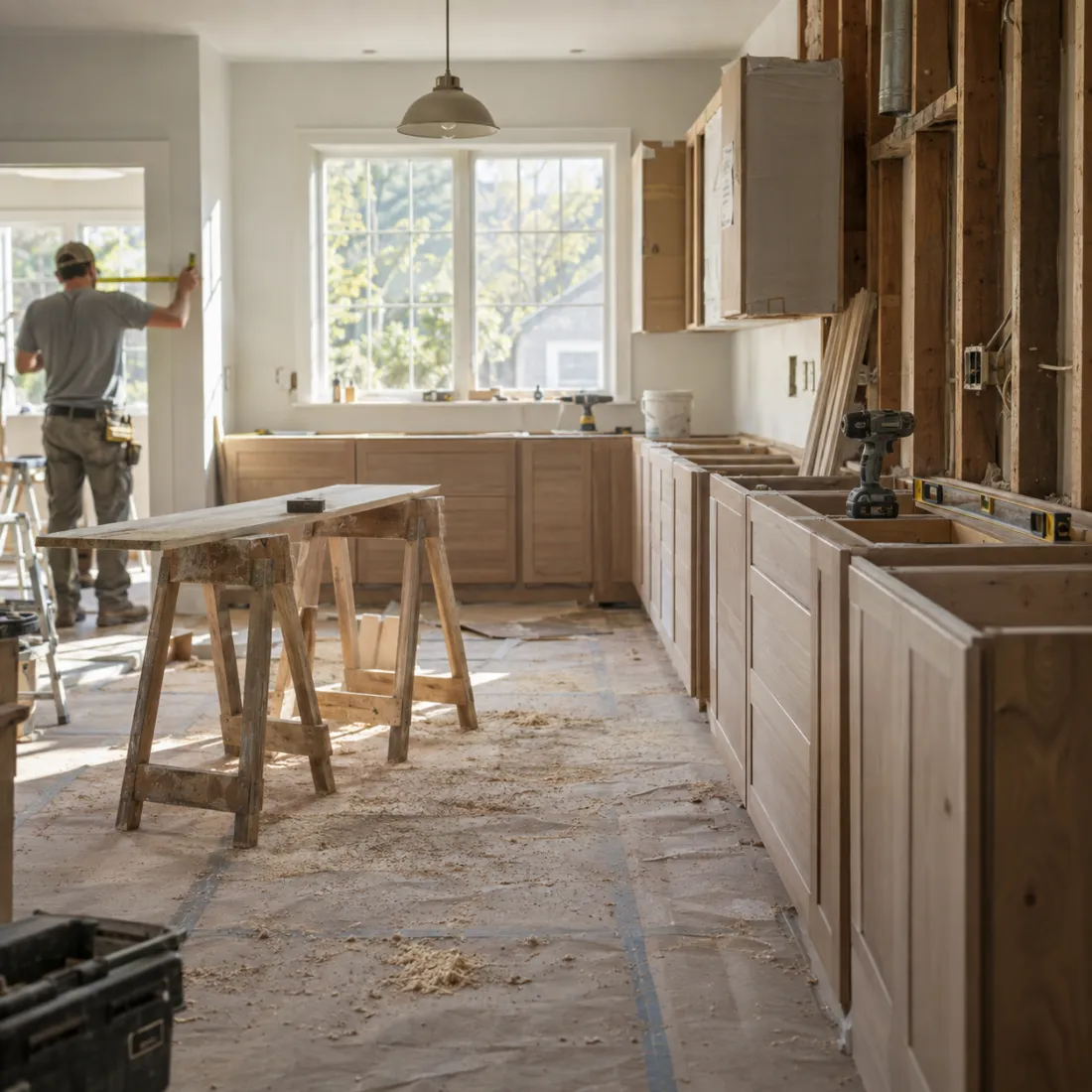 A kitchen in the middle of a remodel, with new wood cabinets and a contractor measuring a wall